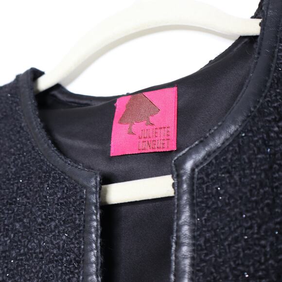 JULIETTE LONGUET Cap Sleeve Tweed Sheath Dress Leather Trim Black Women's 4 - Picture 9 of 11